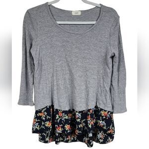 ODDY Women's Small Thermal Waffle Knit 3/4 Sleeve Black Ruffle Hem Pullover Top